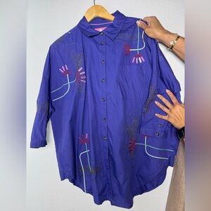 Anthropologie Embroidered Blue Button-Up Shirt
